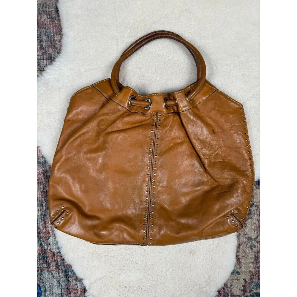 Michael Kors Brown Leather Purse Astor Studded Tote Hobo Western Cowgirl Bag‎